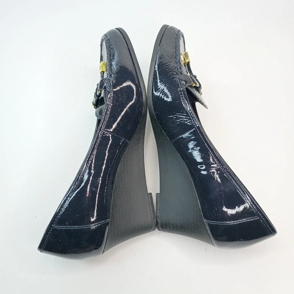 Lauren by Ralph Lauren Rory Navy Patent Leather Wedge Loafer Women Sz 8B Gold RL